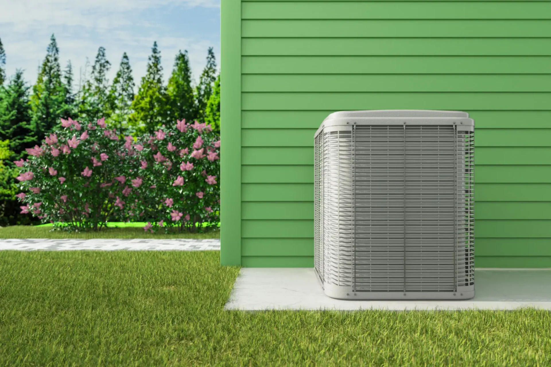 Outdoor AC unit beside green house siding