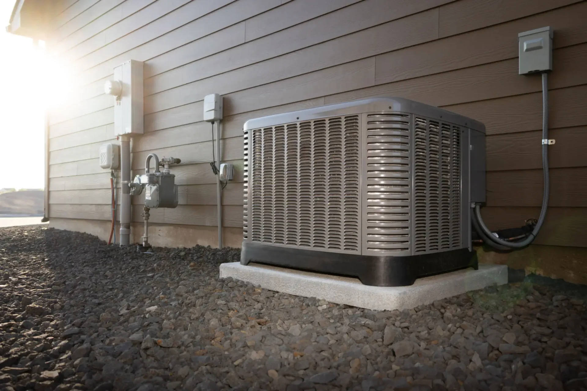Outdoor air conditioning unit beside house