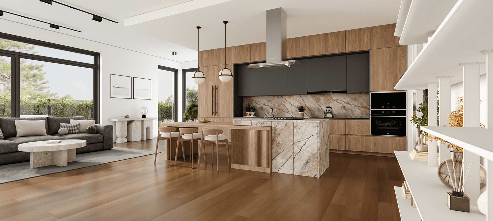 Contemporary kitchen design with island and seating