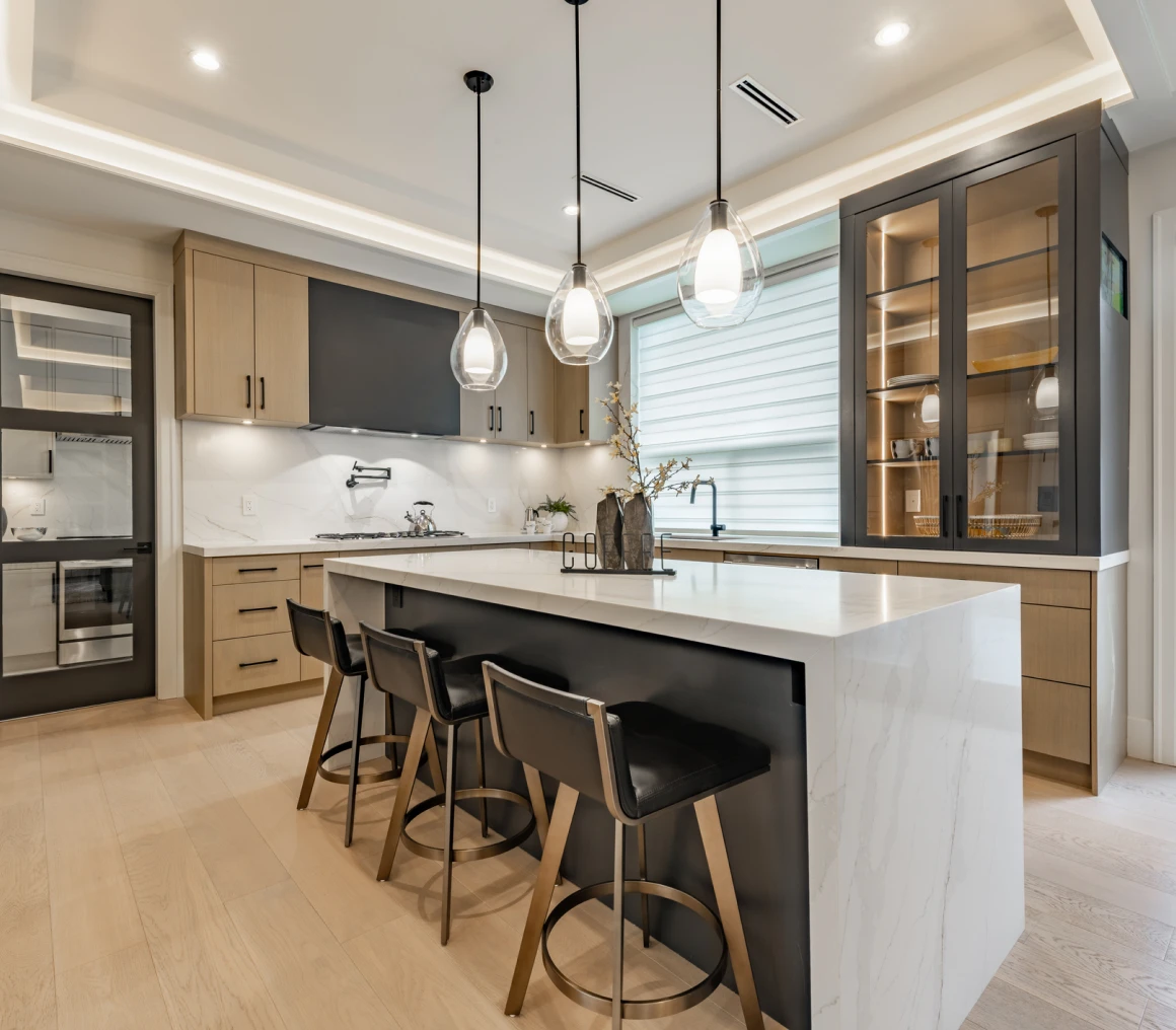 Contemporary kitchen interior with marble countertops