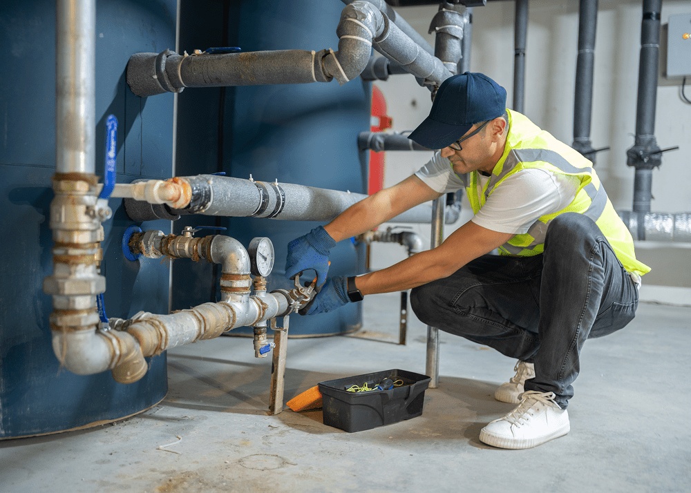 Plumber fixing industrial pipes